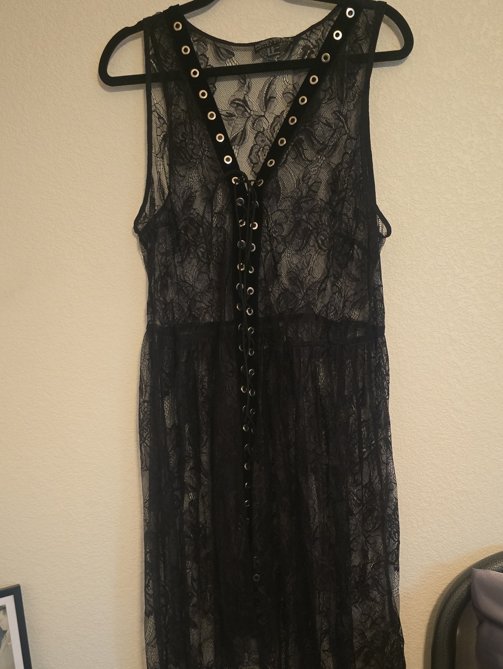 Forever 21 Black Lace Backless Maxi Dress with Grommet Lace-Up 2x